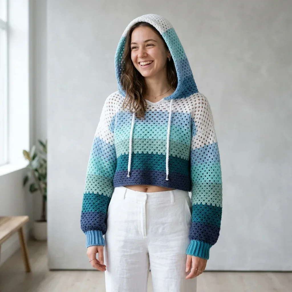 Ocean Breeze Mesh Cropped Hoodie Free Crochet Pattern