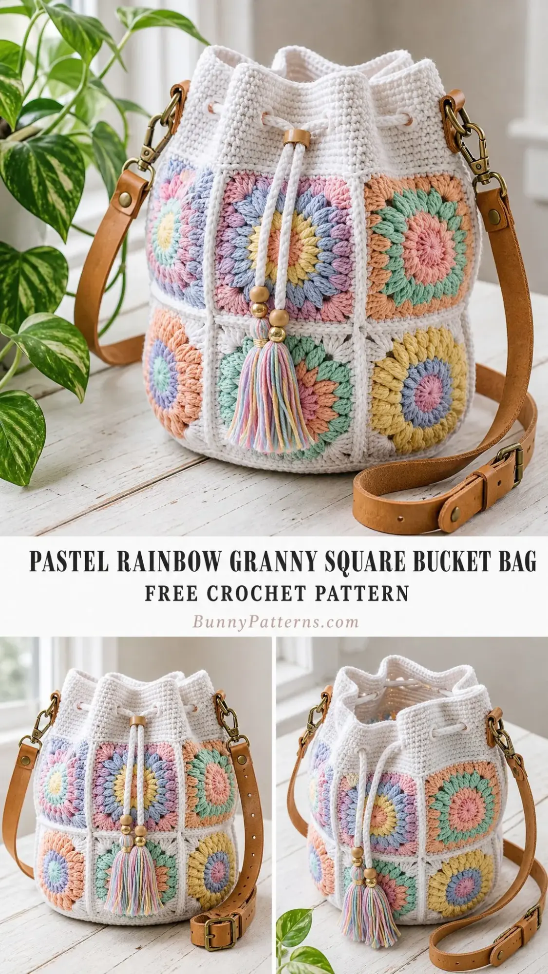 Pastel Rainbow Granny Square Bucket Bag Free Crochet Pattern