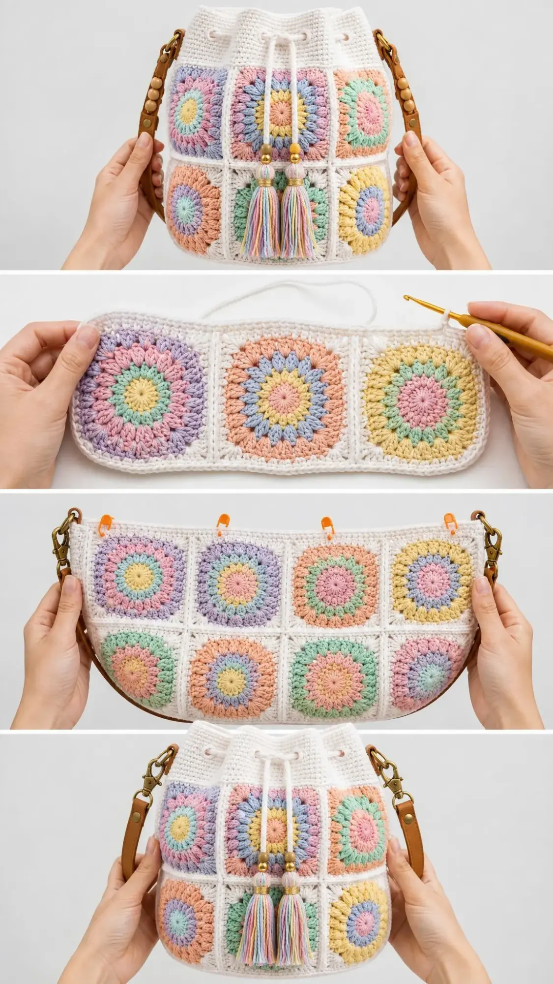 Pastel Rainbow Granny Square Bucket Bag Free Crochet Pattern