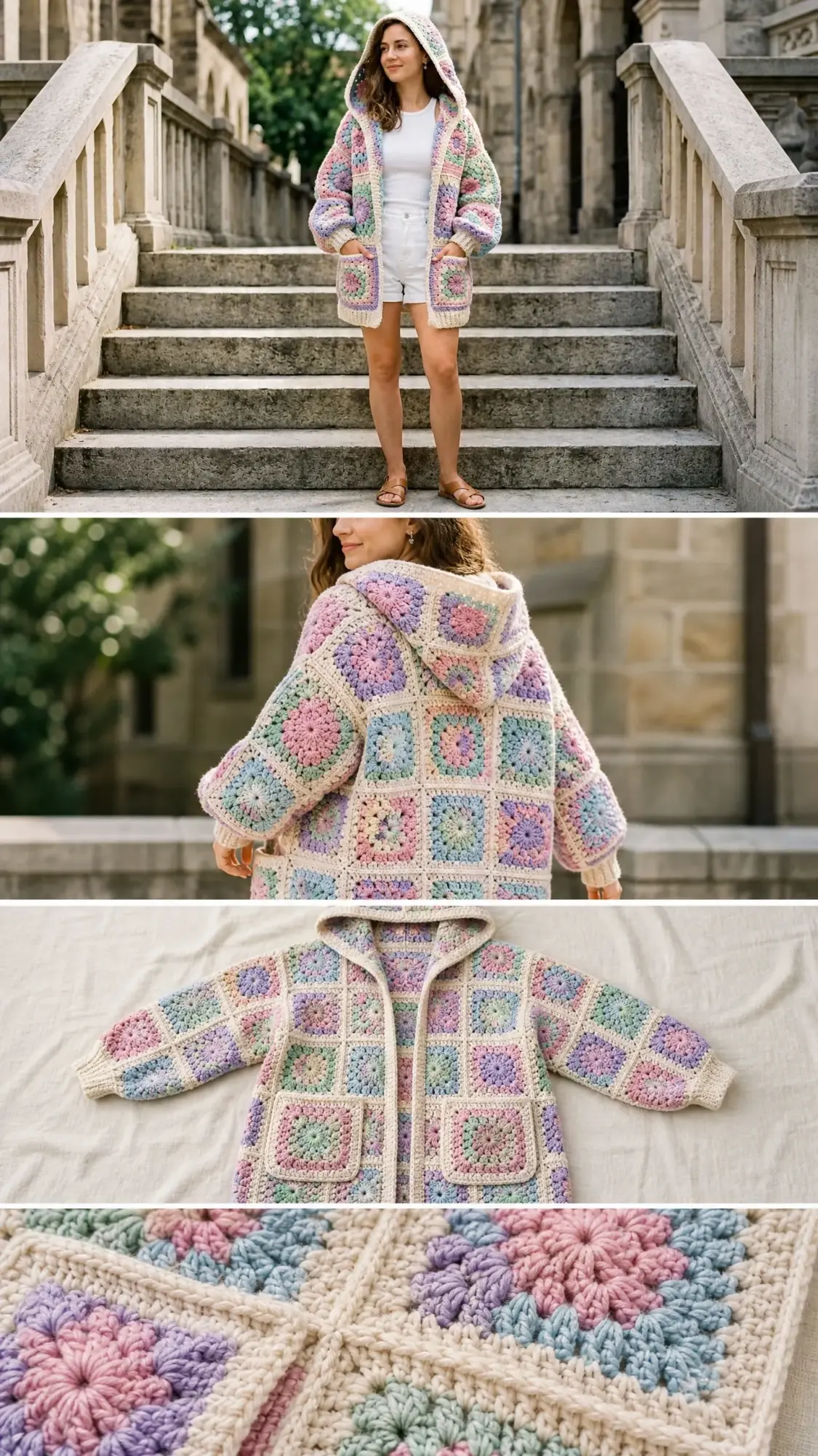 Pastel Rainbow Granny Square Hoodie Free Crochet Pattern