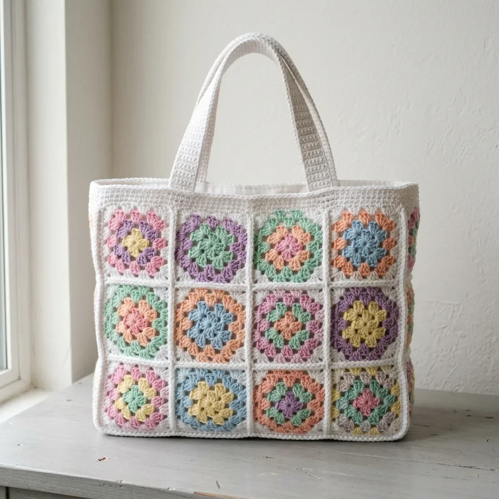 Pastel Rainbow Granny Square Tote Free Crochet Pattern