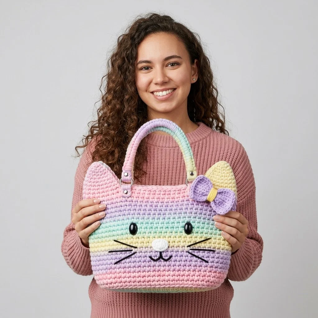 Pastel Rainbow Kitty Tote Bag Free Crochet Pattern