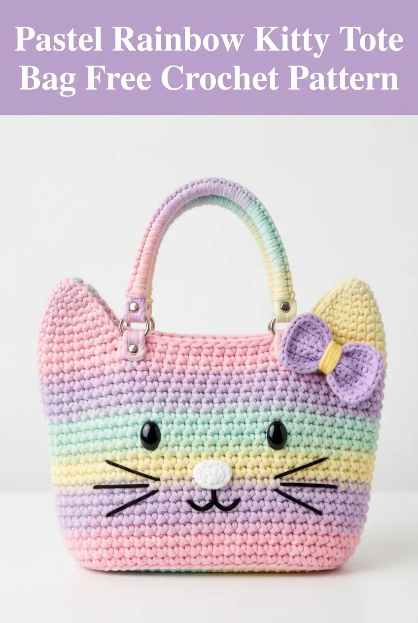 Pastel Rainbow Kitty Tote Bag Free Crochet Pattern