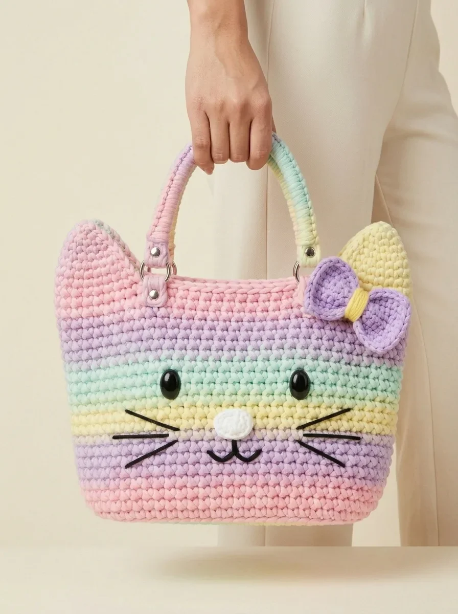 Pastel Rainbow Kitty Tote Bag Free Crochet Pattern
