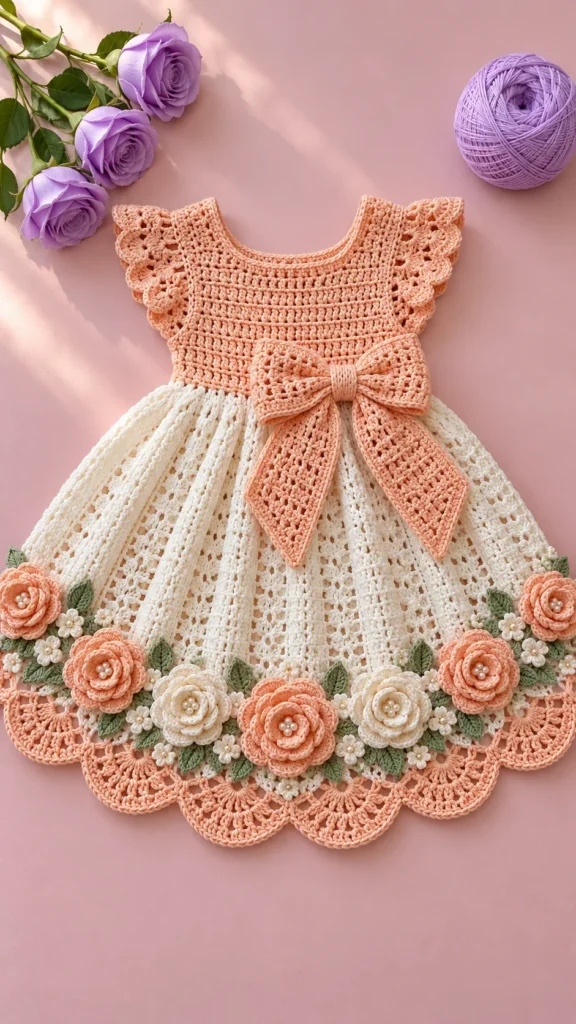 Peach Apricot Rose Bow Dress Crochet Pattern