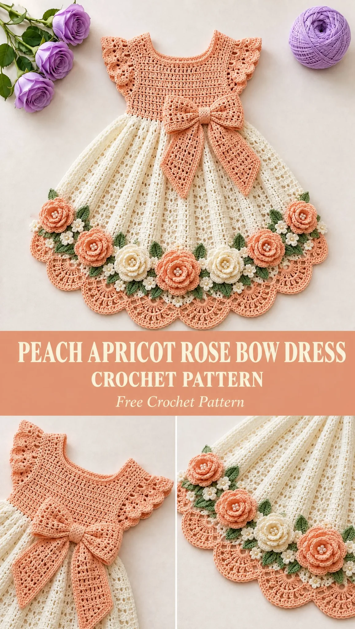 Peach Apricot Rose Bow Dress Crochet Pattern