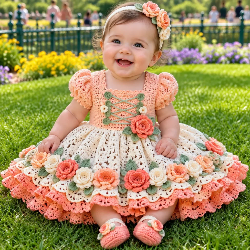 Peach Rose Baby Dress Set Crochet Pattern