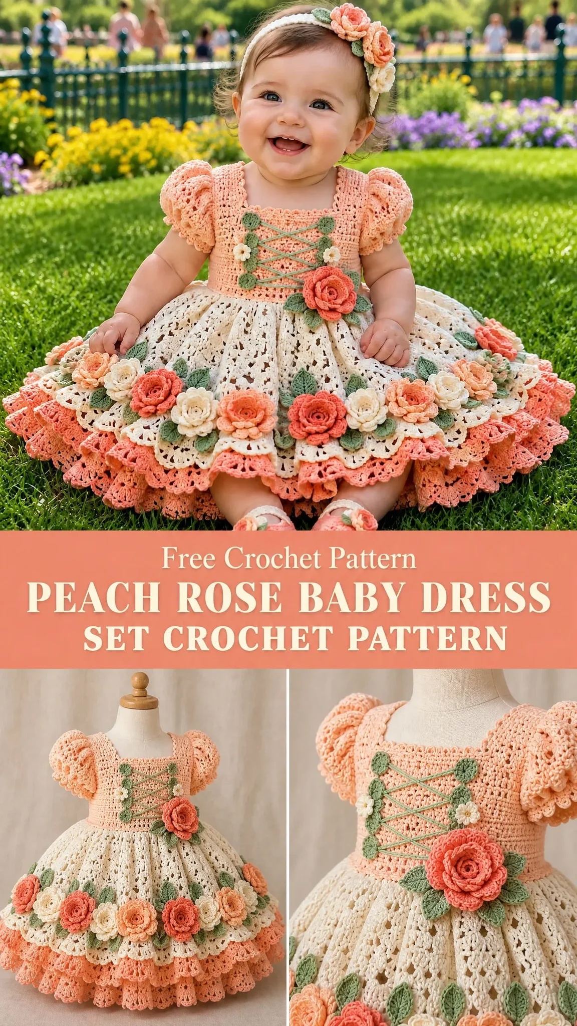 Peach Rose Baby Dress Set Crochet Pattern