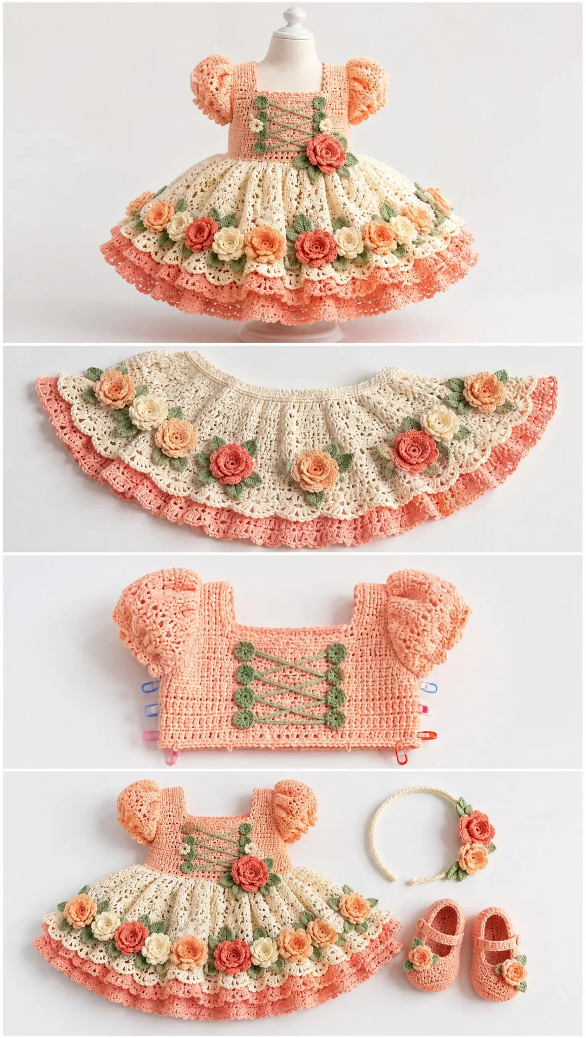 Peach Rose Baby Dress Set Crochet Pattern