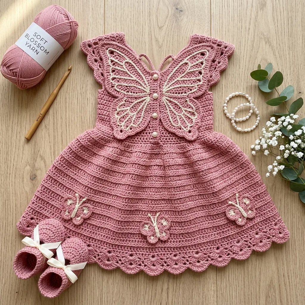 Pink Rose Butterfly Baby Dress Free Crochet Pattern