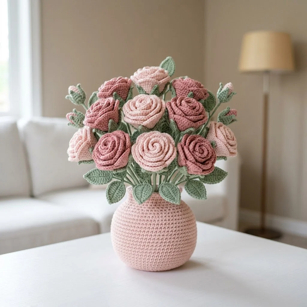 Pink Rose Garden Crochet Vase Free Crochet Pattern