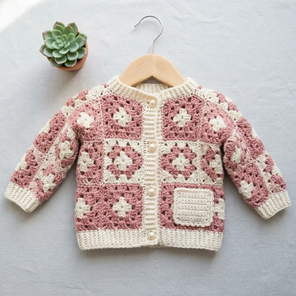Pink Rose Granny Square Baby Cardigan Free Crochet Pattern