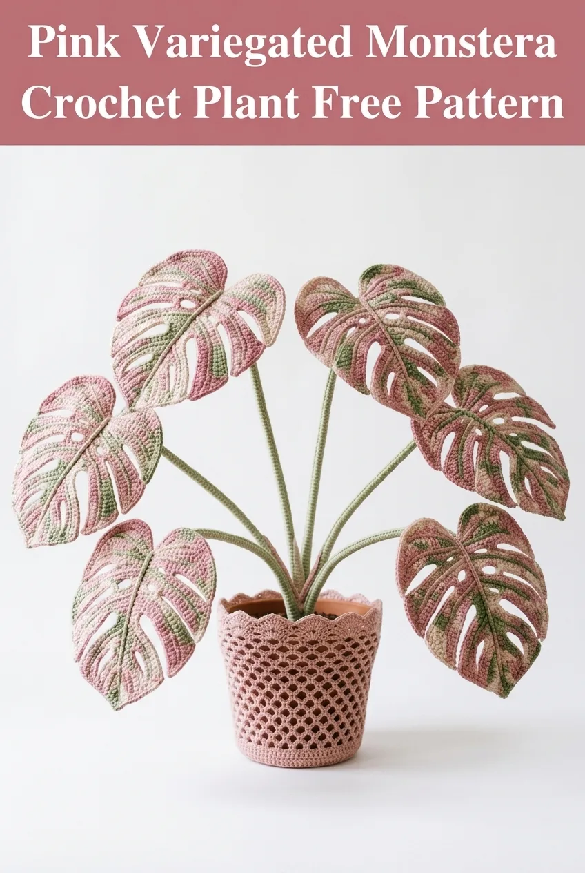 Pink Variegated Monstera Crochet Plant Free Pattern