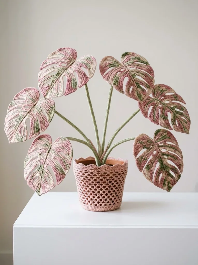 Pink Variegated Monstera Crochet Plant Free Pattern
