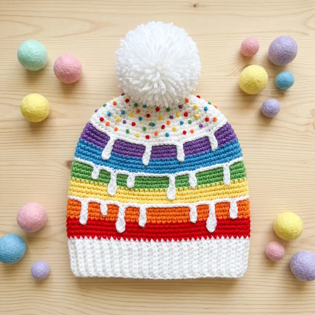 Rainbow Drip Cake Beanie Free Crochet Pattern
