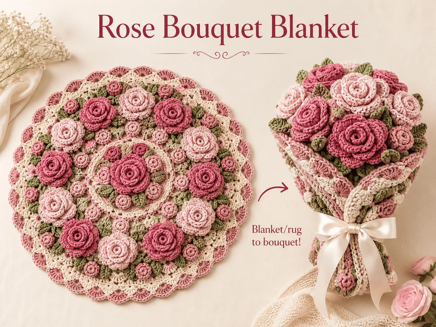 Finished crochet rose bouquet blanket