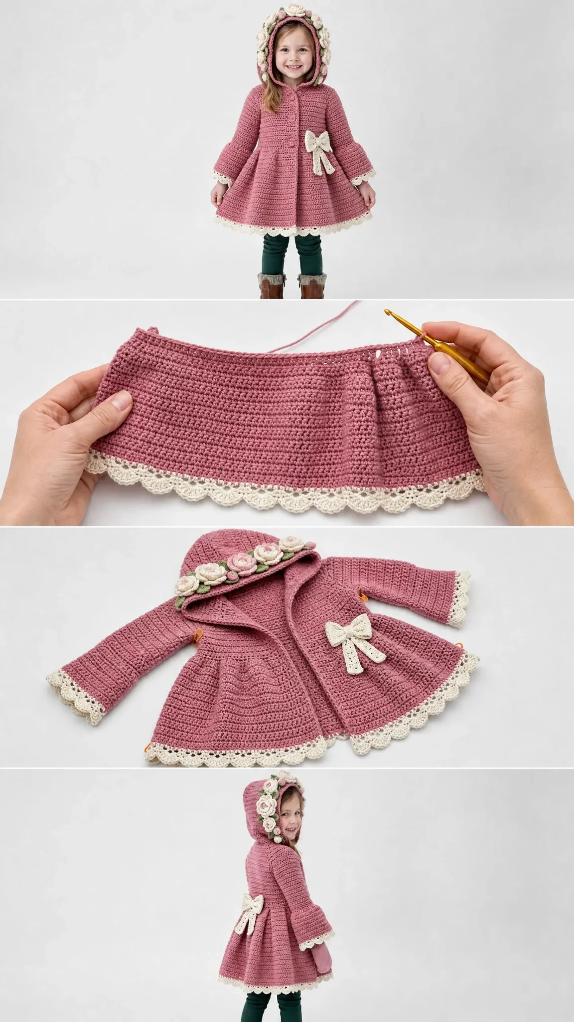 Rose Garden Pink Hooded Coat Free Crochet Pattern
