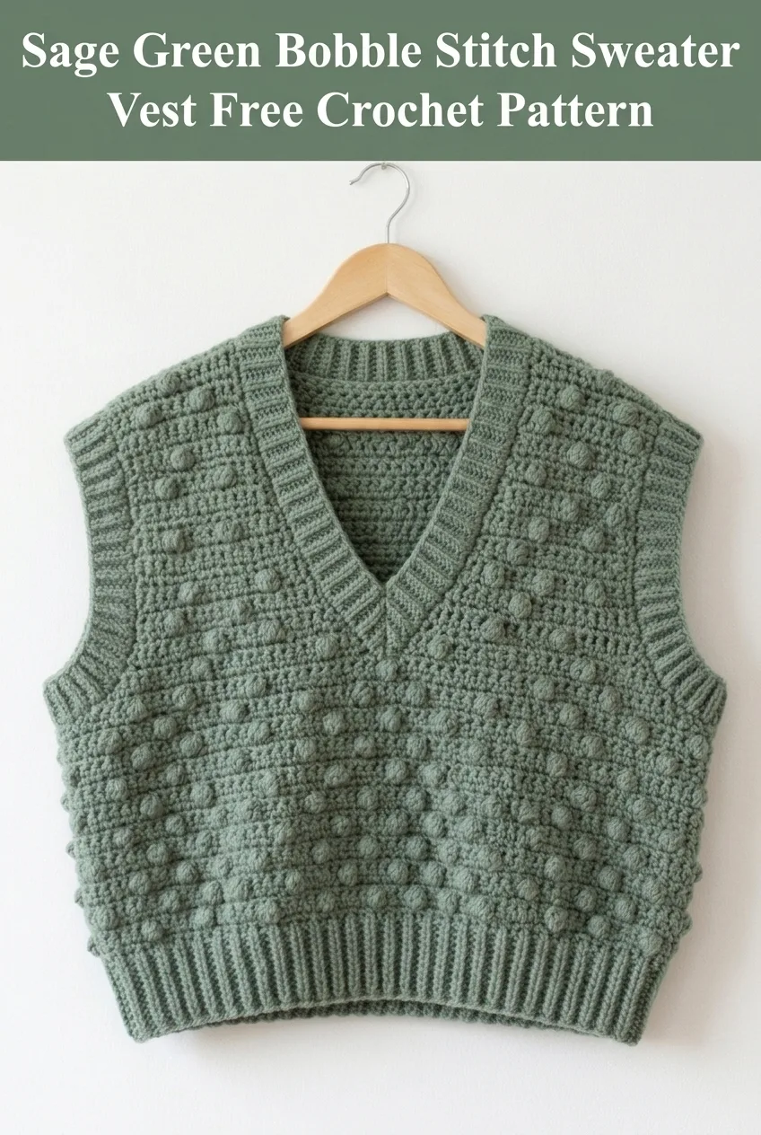 Sage Green Bobble Stitch Sweater Vest Free Crochet Pattern