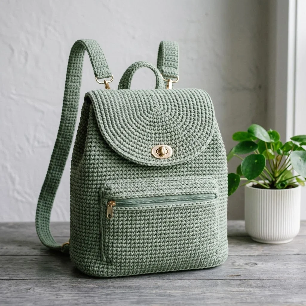 Sage Green Boho Crochet Backpack Free Pattern