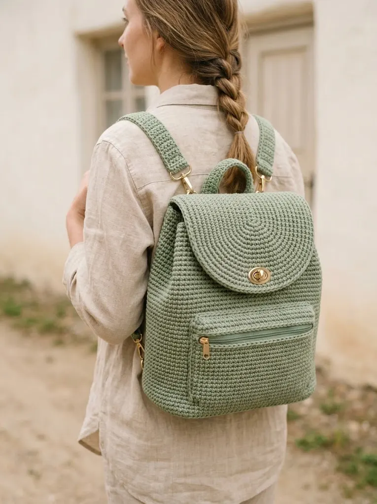 Sage Green Boho Crochet Backpack Free Pattern