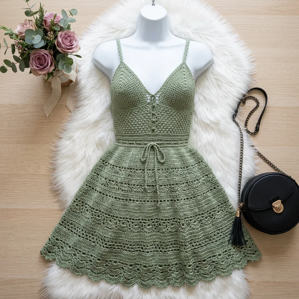 Sage Green Boho Crochet Summer Dress Free Pattern