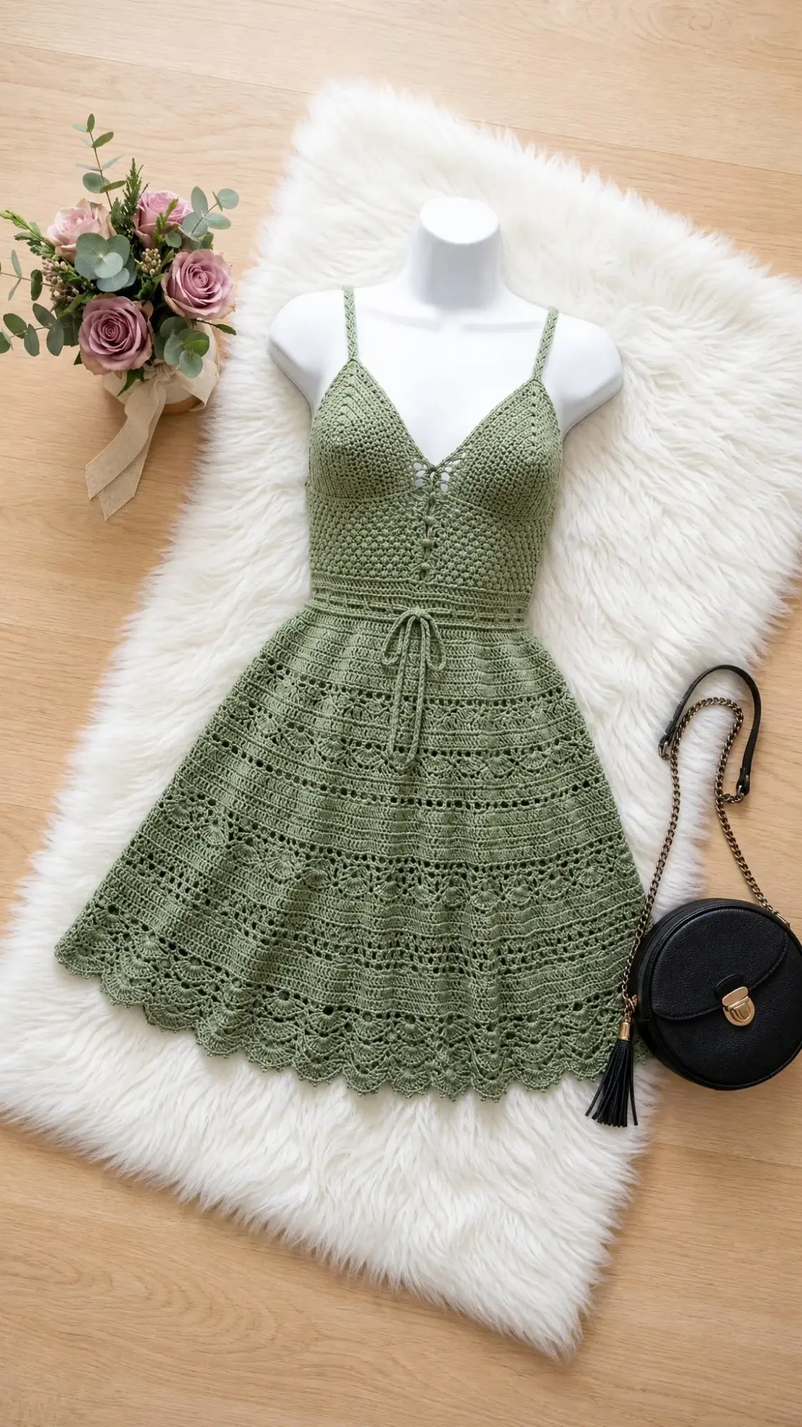 Sage Green Boho Crochet Summer Dress Free Pattern