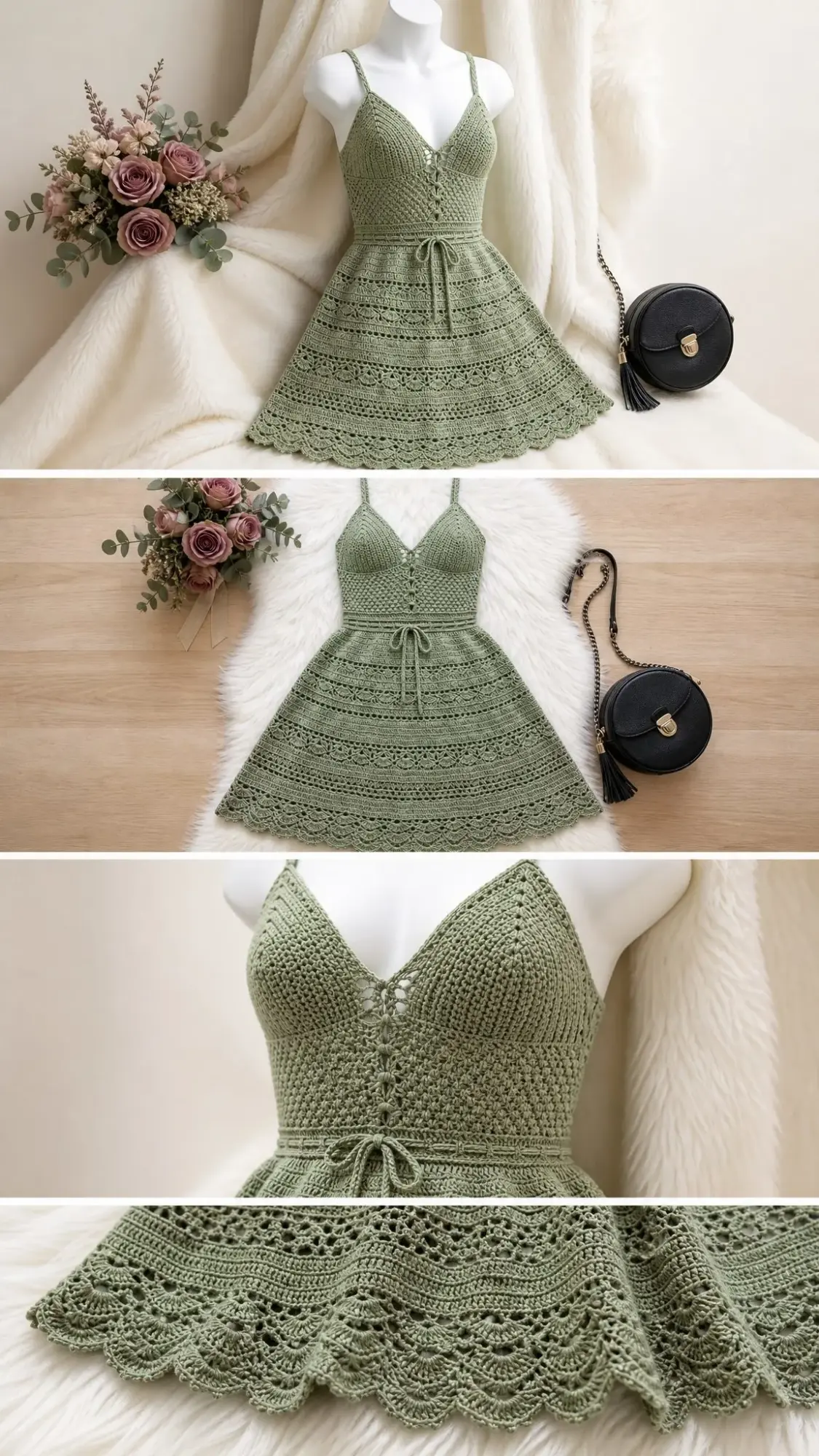 Sage Green Boho Crochet Summer Dress Free Pattern