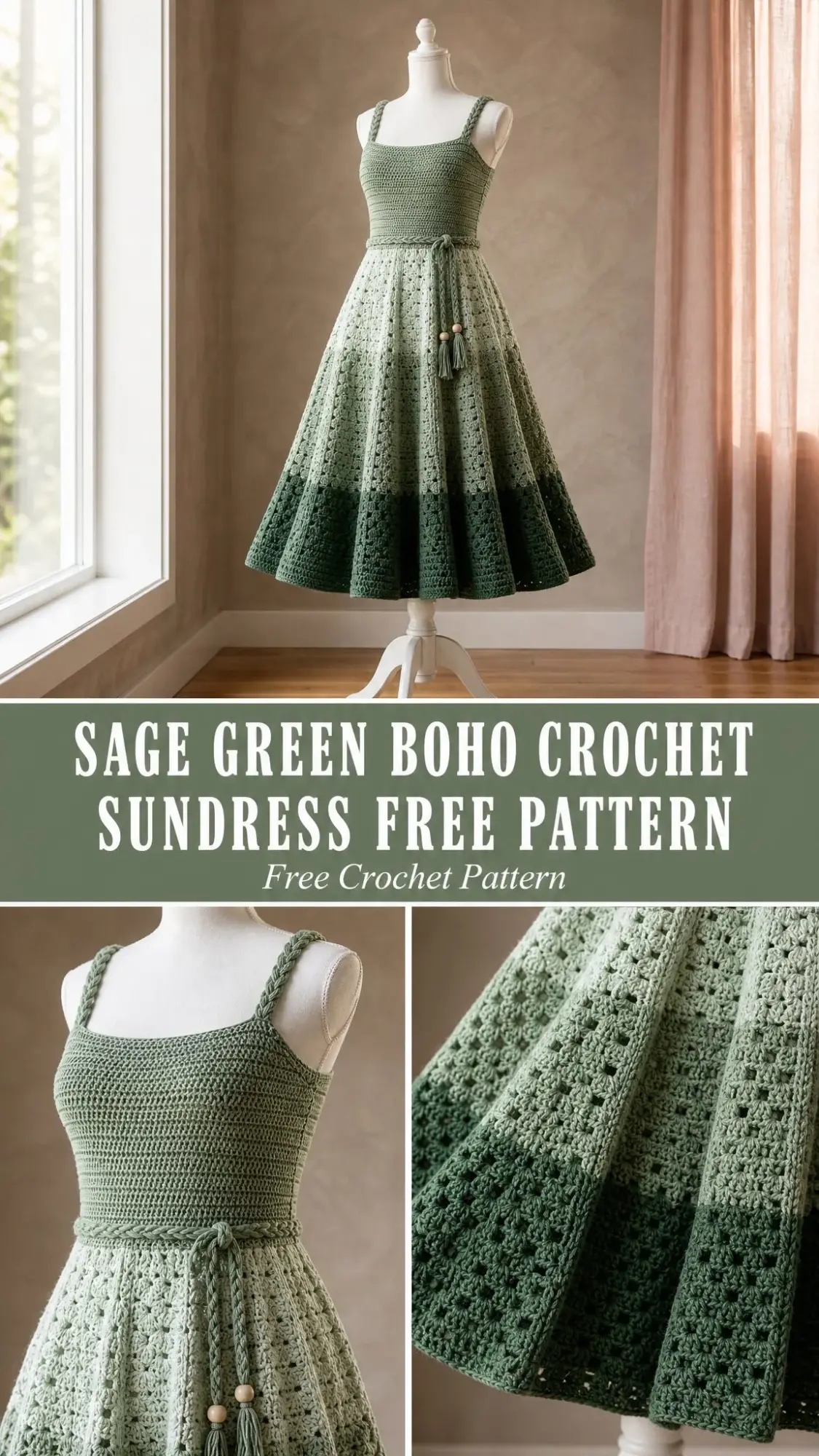 Sage Green Boho Crochet Sundress Free Pattern