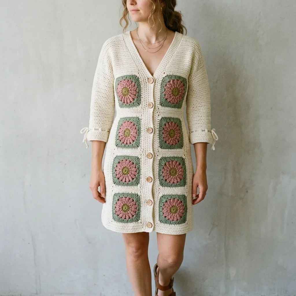 Sage Green Boho Granny Square Dress Free Crochet Pattern