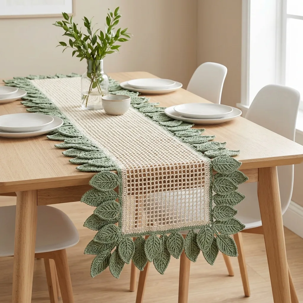 Sage Green Botanical Leaf Table Runner Free Crochet Pattern