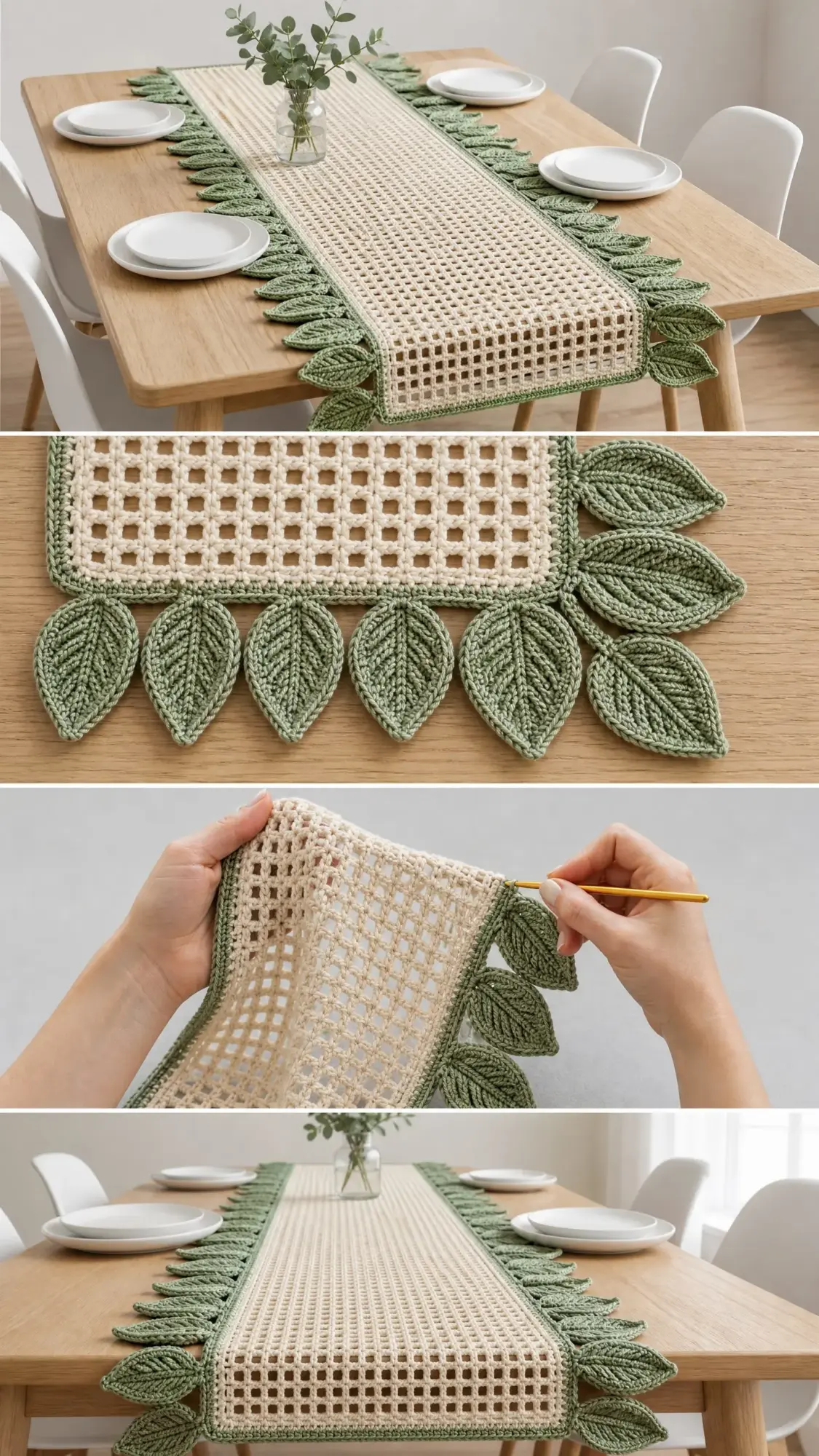 Sage Green Botanical Leaf Table Runner Free Crochet Pattern