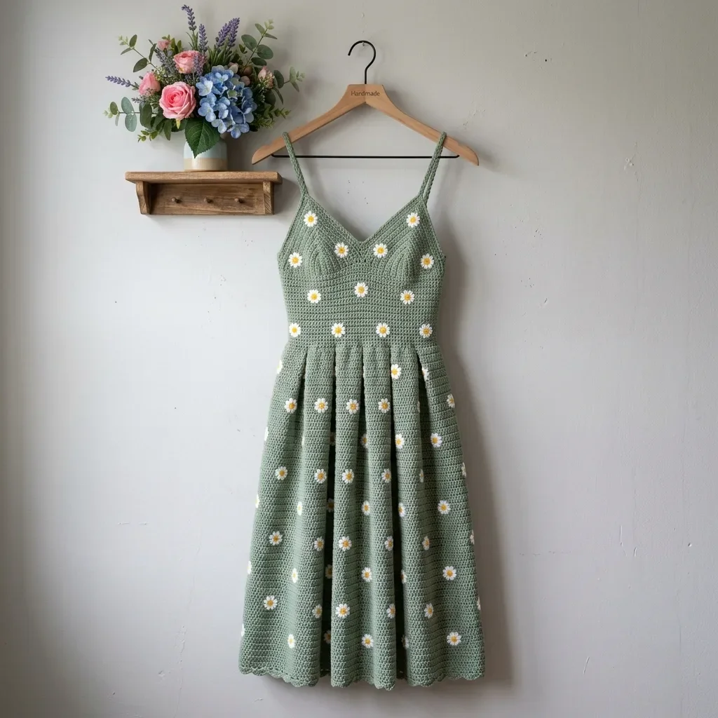 Sage Green Daisy Crochet Dress Free Crochet Pattern
