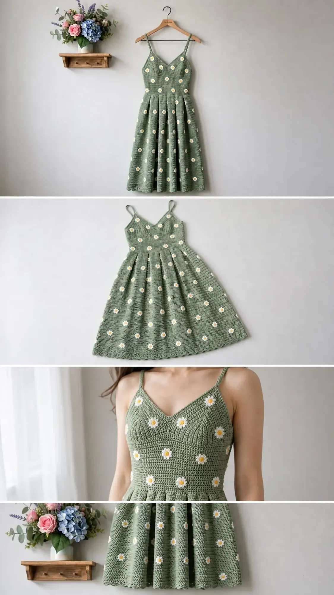 Sage Green Daisy Crochet Dress Free Crochet Pattern