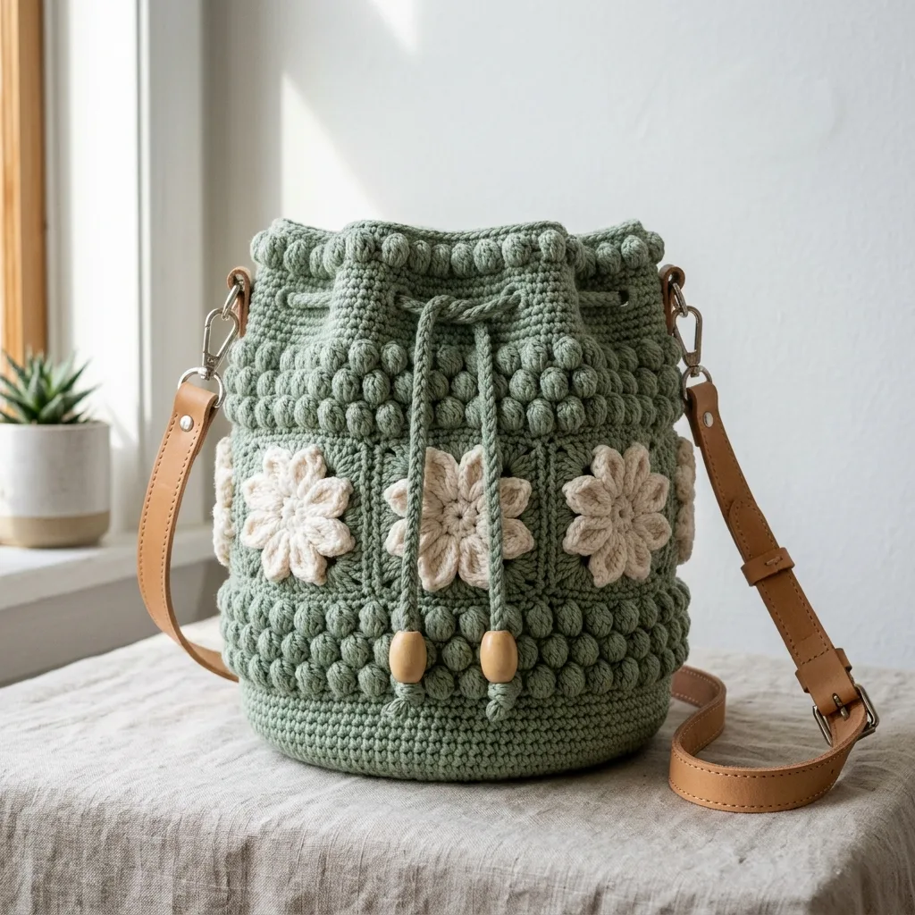 Sage Green Floral Bucket Bag Free Crochet Pattern