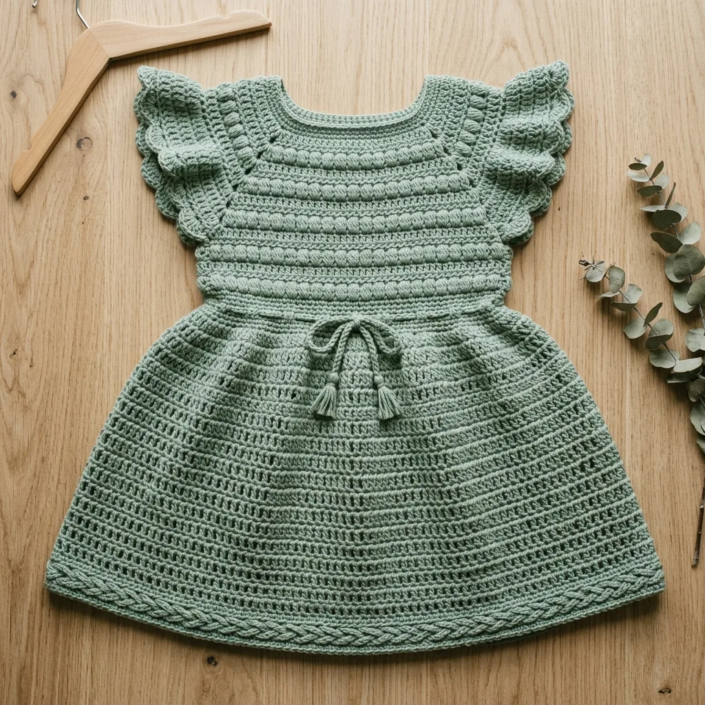 Sage Green Flutter Sleeve Baby Dress Free Crochet Pattern