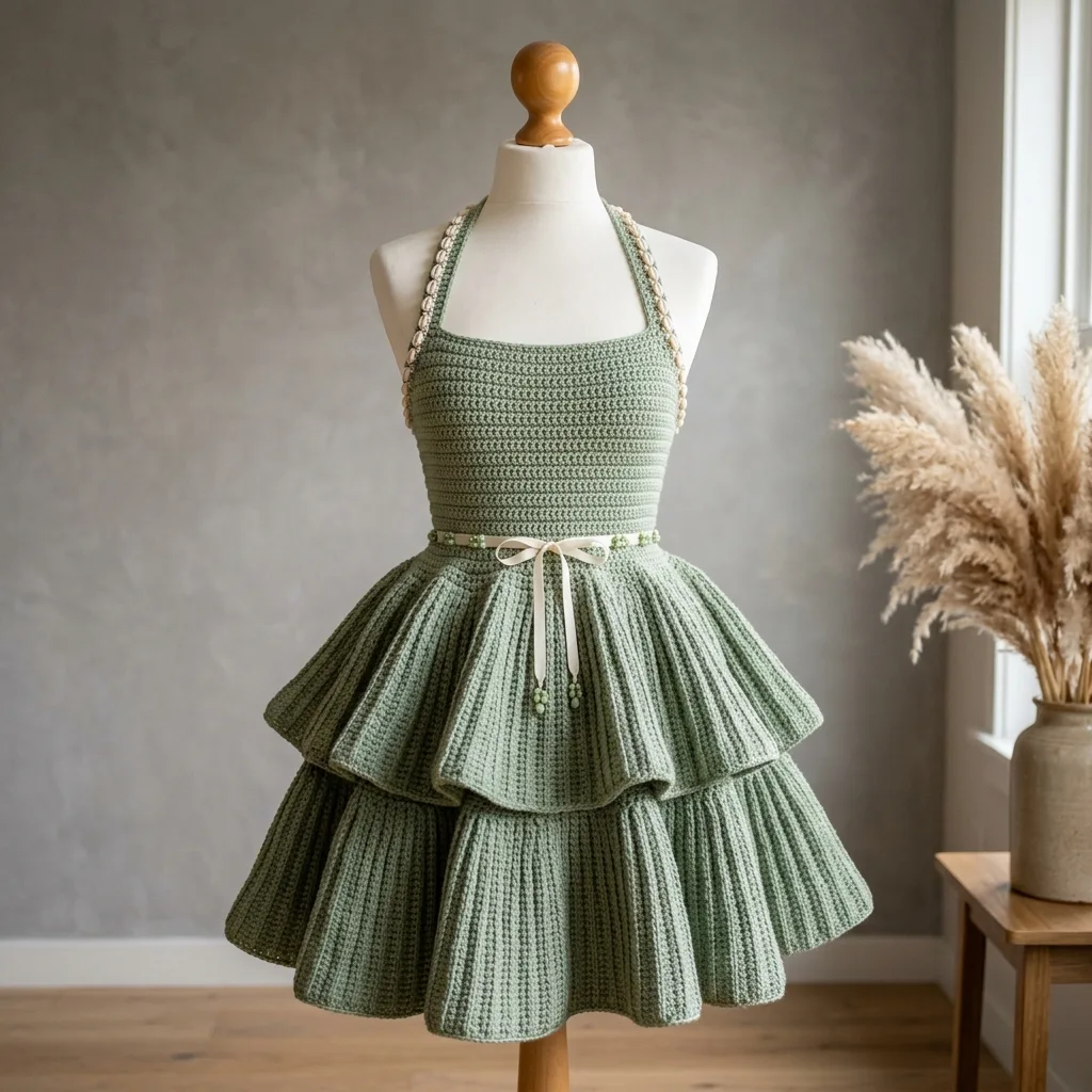 Sage Green Halter Peplum Dress Free Crochet Pattern