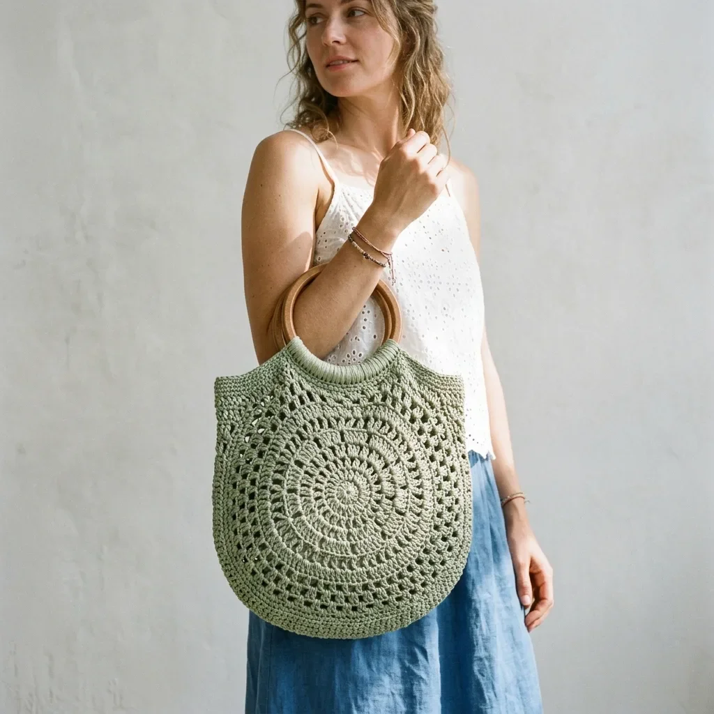 Sage Green Mandala Market Bag Free Crochet Pattern
