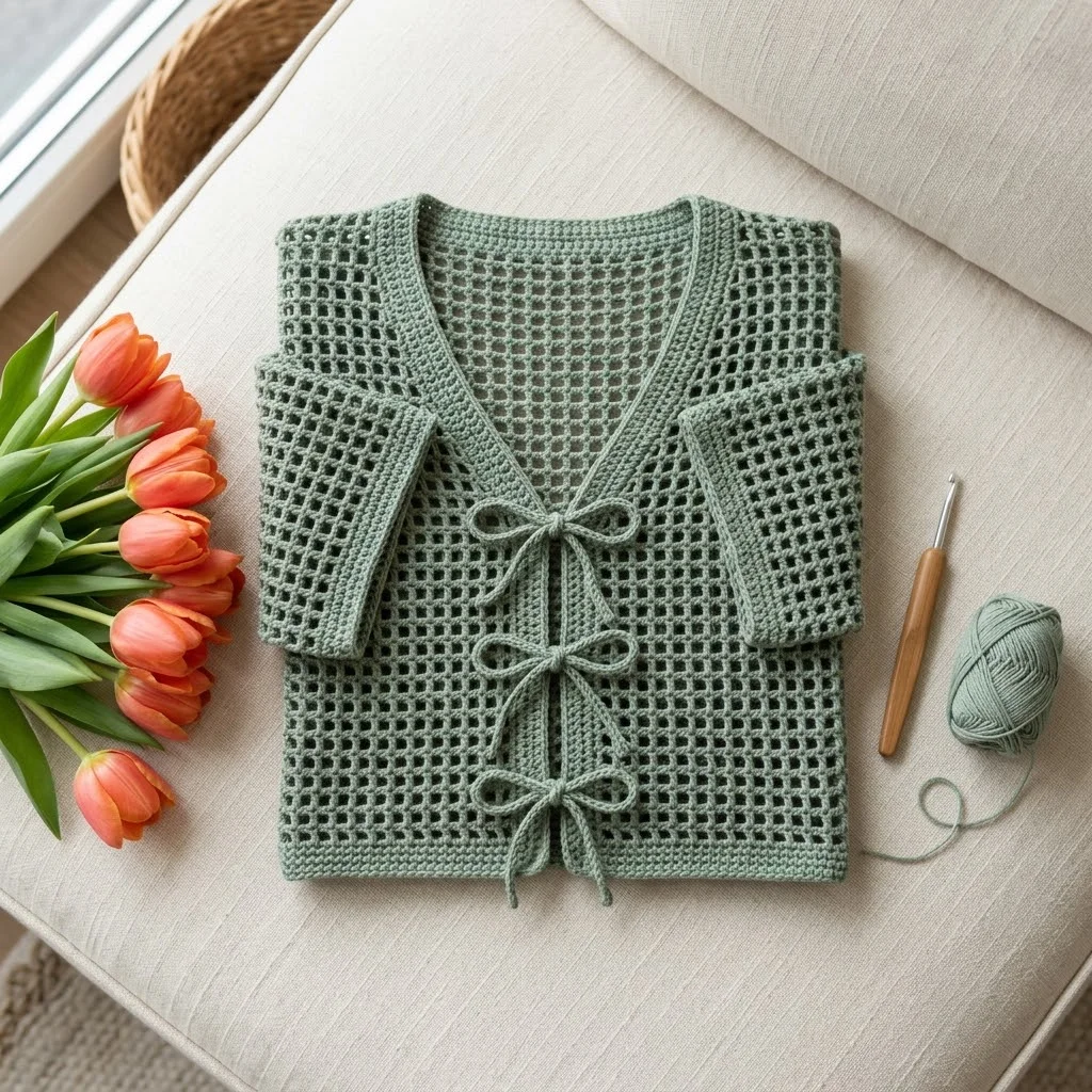 Sage Green Mesh Tie Cardigan Free Crochet Pattern