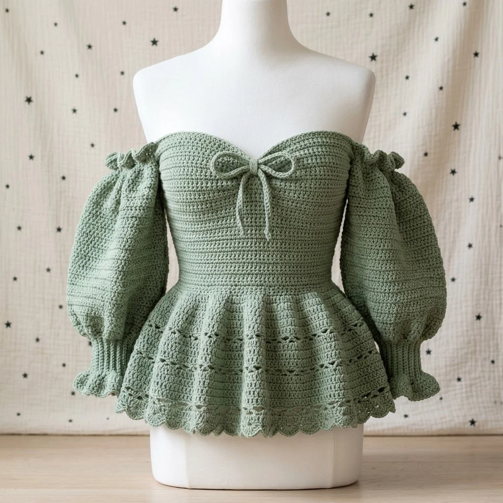 Sage Green Romantic Peplum Crochet Top Free Pattern