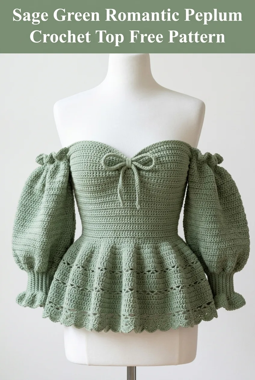 Sage Green Romantic Peplum Crochet Top Free Pattern