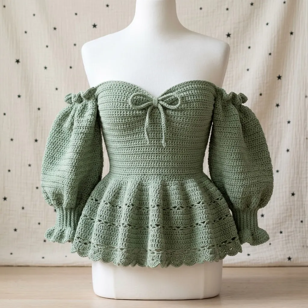 Sage Green Romantic Peplum Crochet Top Free Pattern