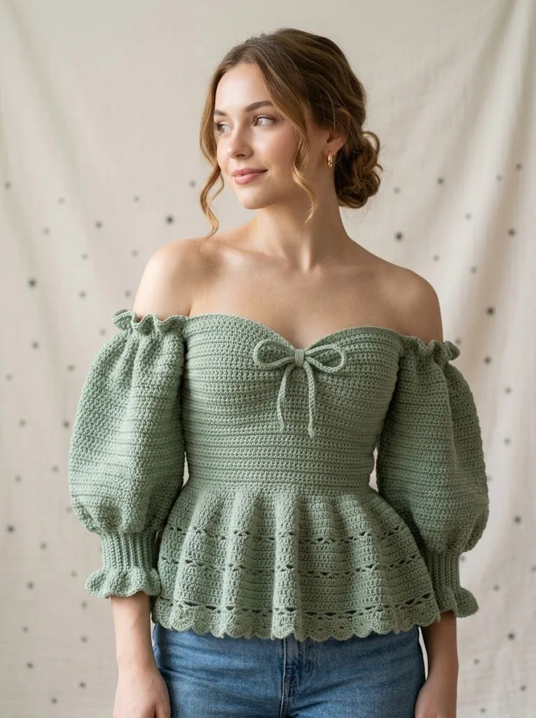 Sage Green Romantic Peplum Crochet Top Free Pattern