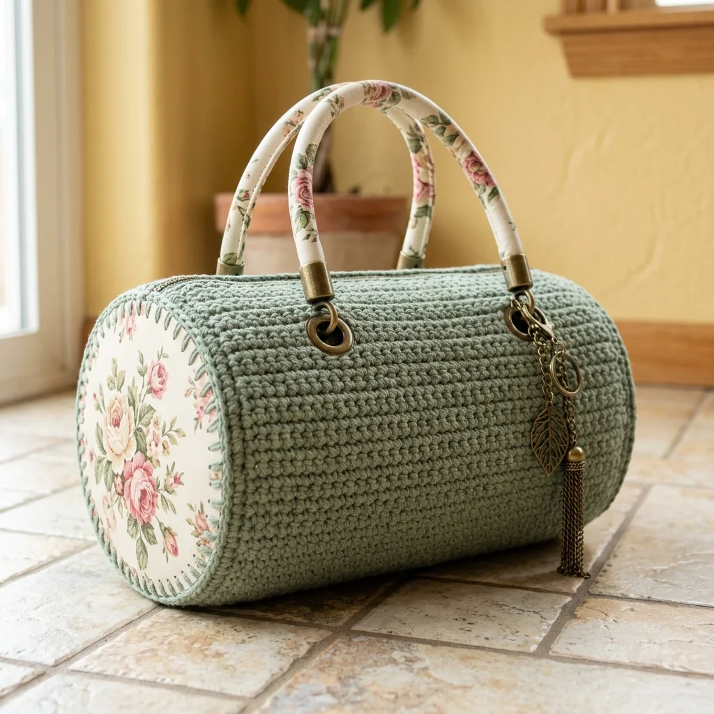 Sage Green Rosette Barrel Bag Free Crochet Pattern