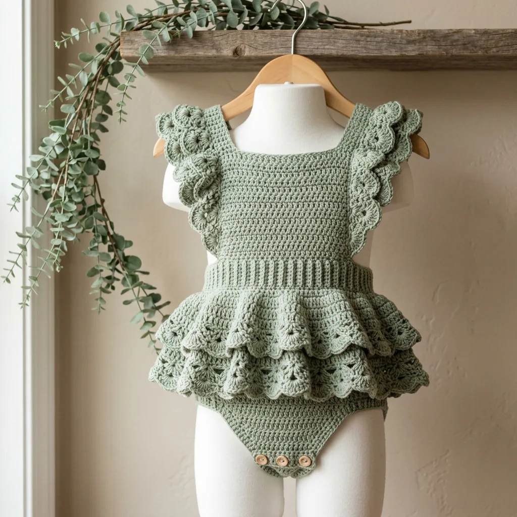Sage Green Ruffle Baby Romper Free Crochet Pattern