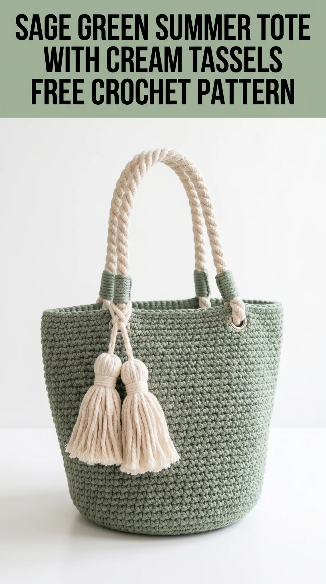 Sage Green Summer Tote with Cream Tassels Free Crochet Pattern