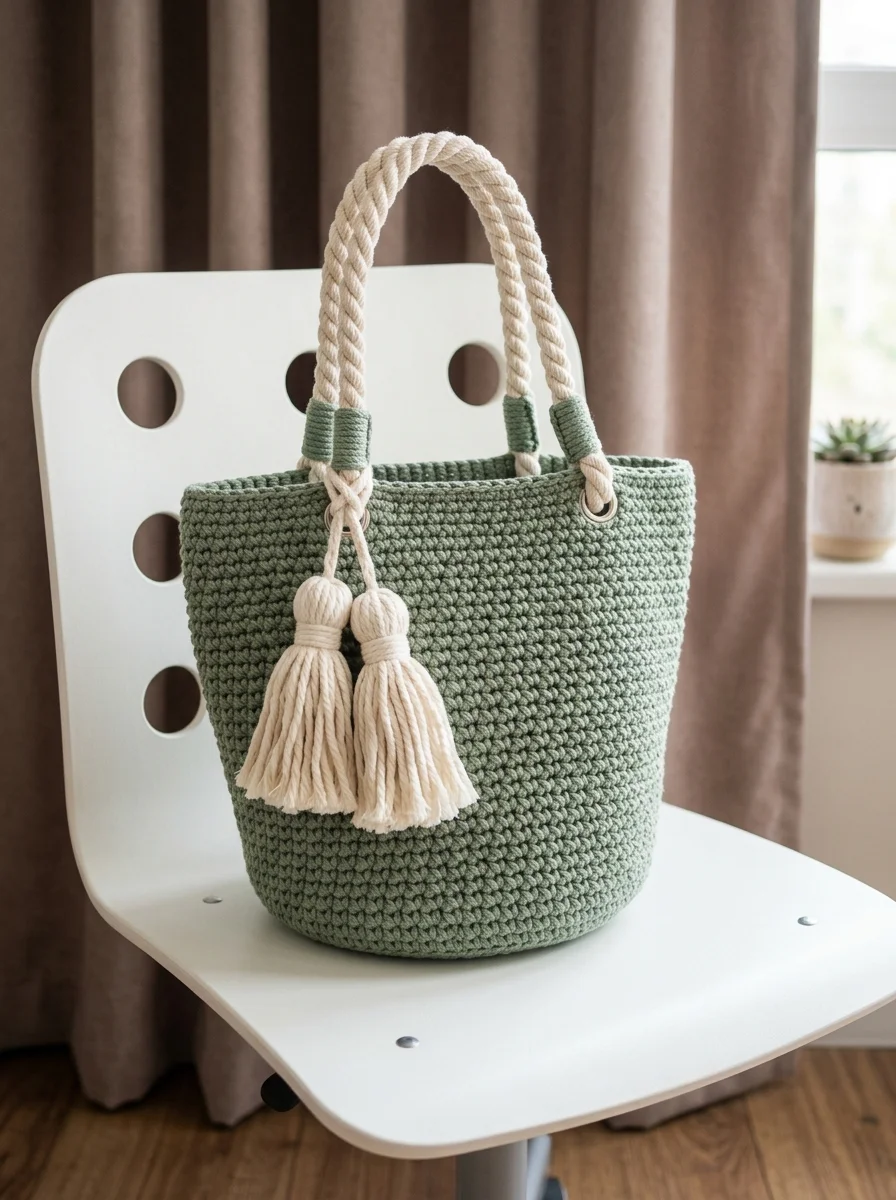 Sage Green Summer Tote with Cream Tassels Free Crochet Pattern