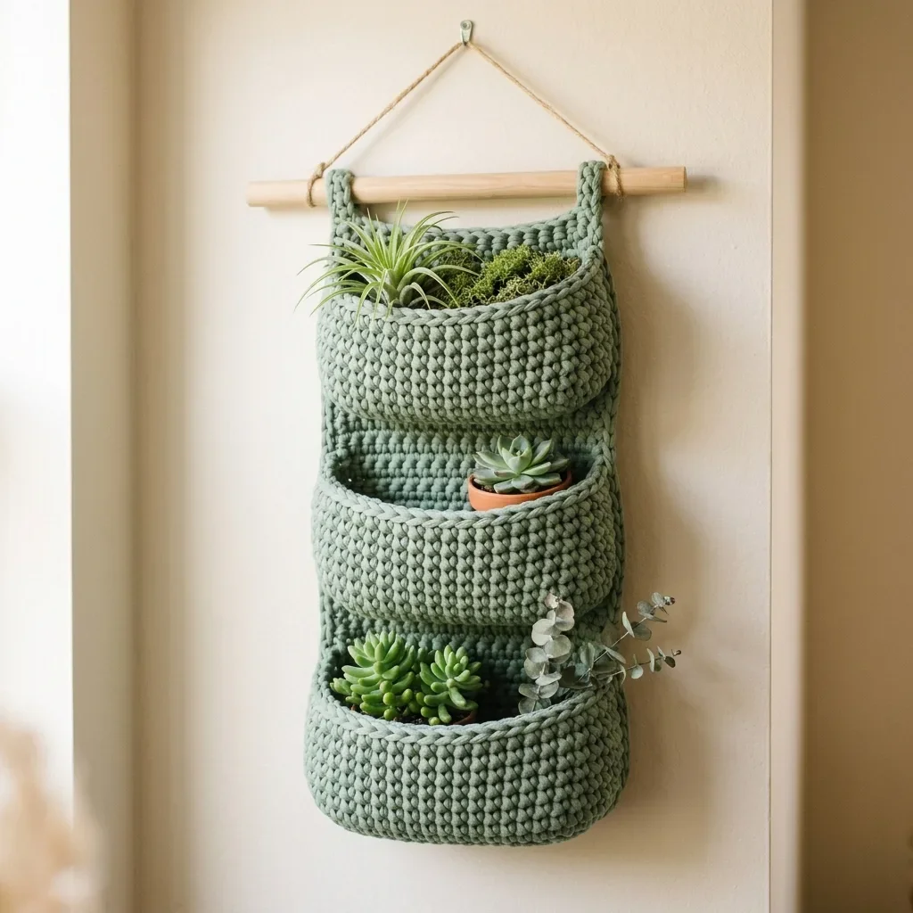 Sage Green Tiered Wall Planter Free Crochet Pattern