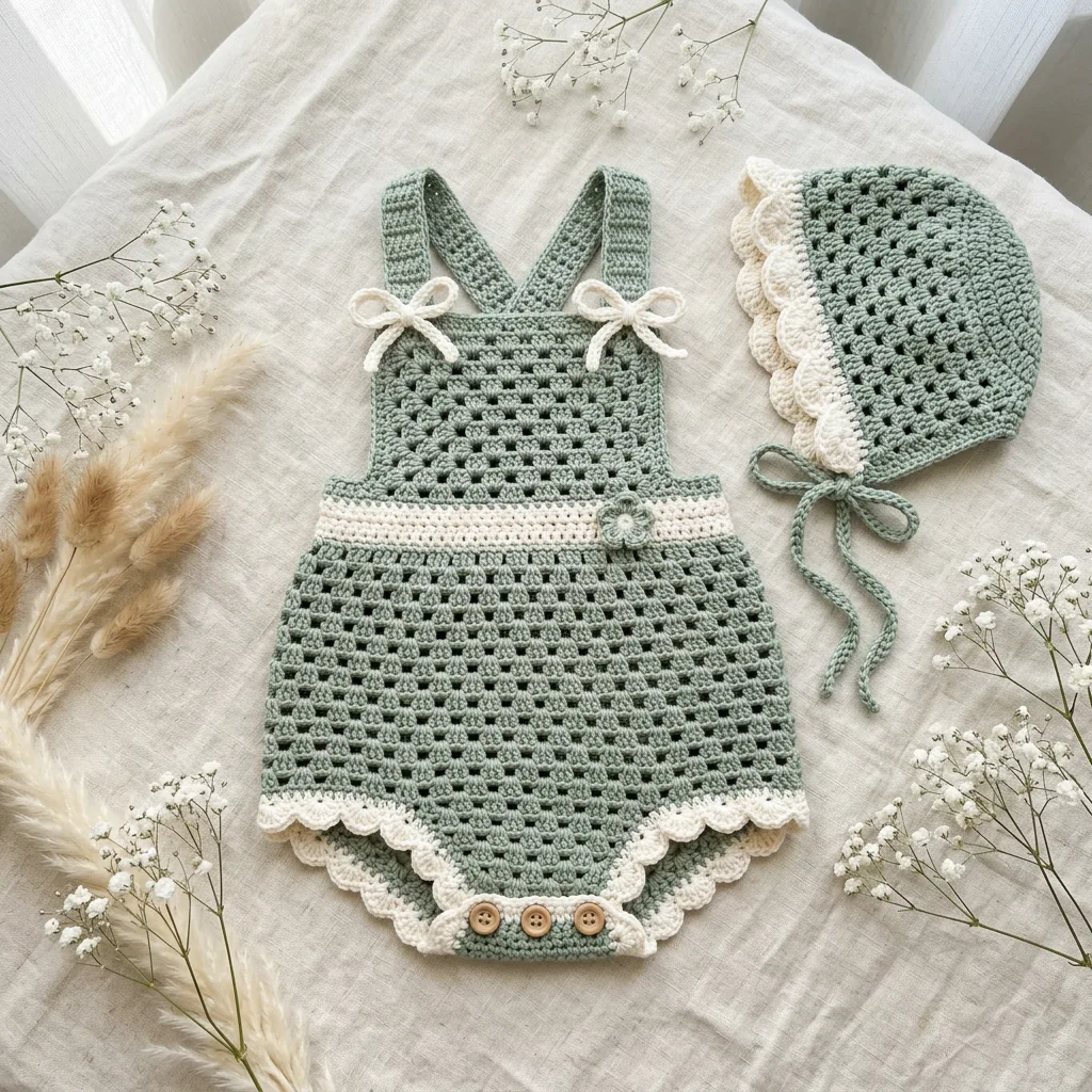 Sage Green Woodland Baby Romper Free Crochet Pattern