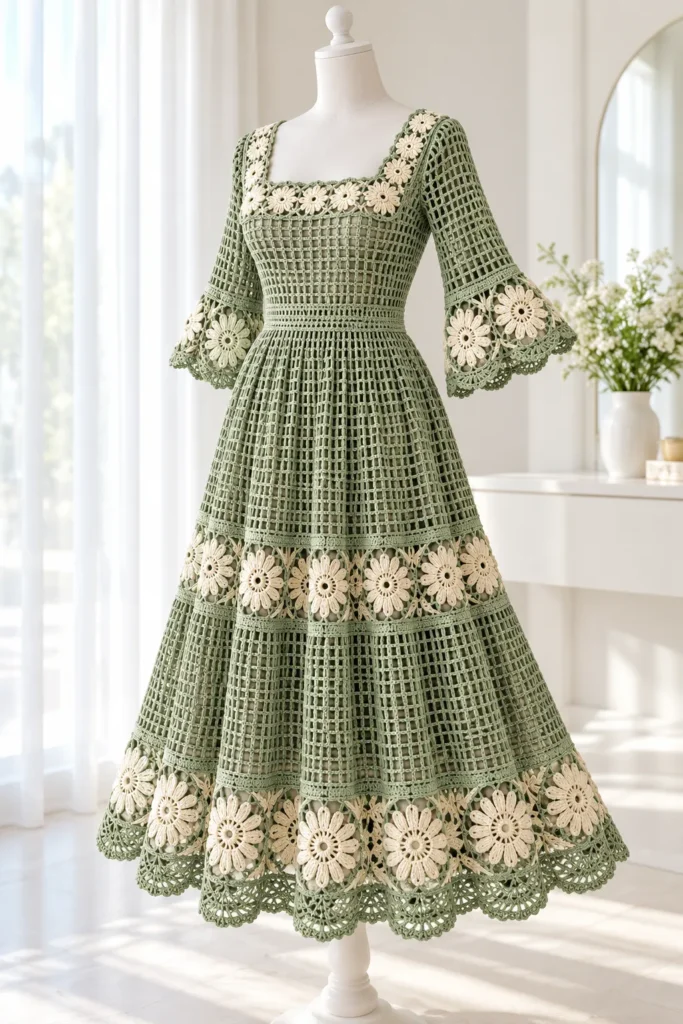 Sage green crochet lace dress with square neckline, bell sleeves, and ivory sunburst rosettes displayed on white mannequin