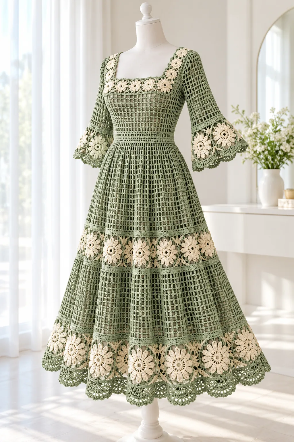 Sage green crochet lace dress with square neckline, bell sleeves, and ivory sunburst rosettes displayed on white mannequin